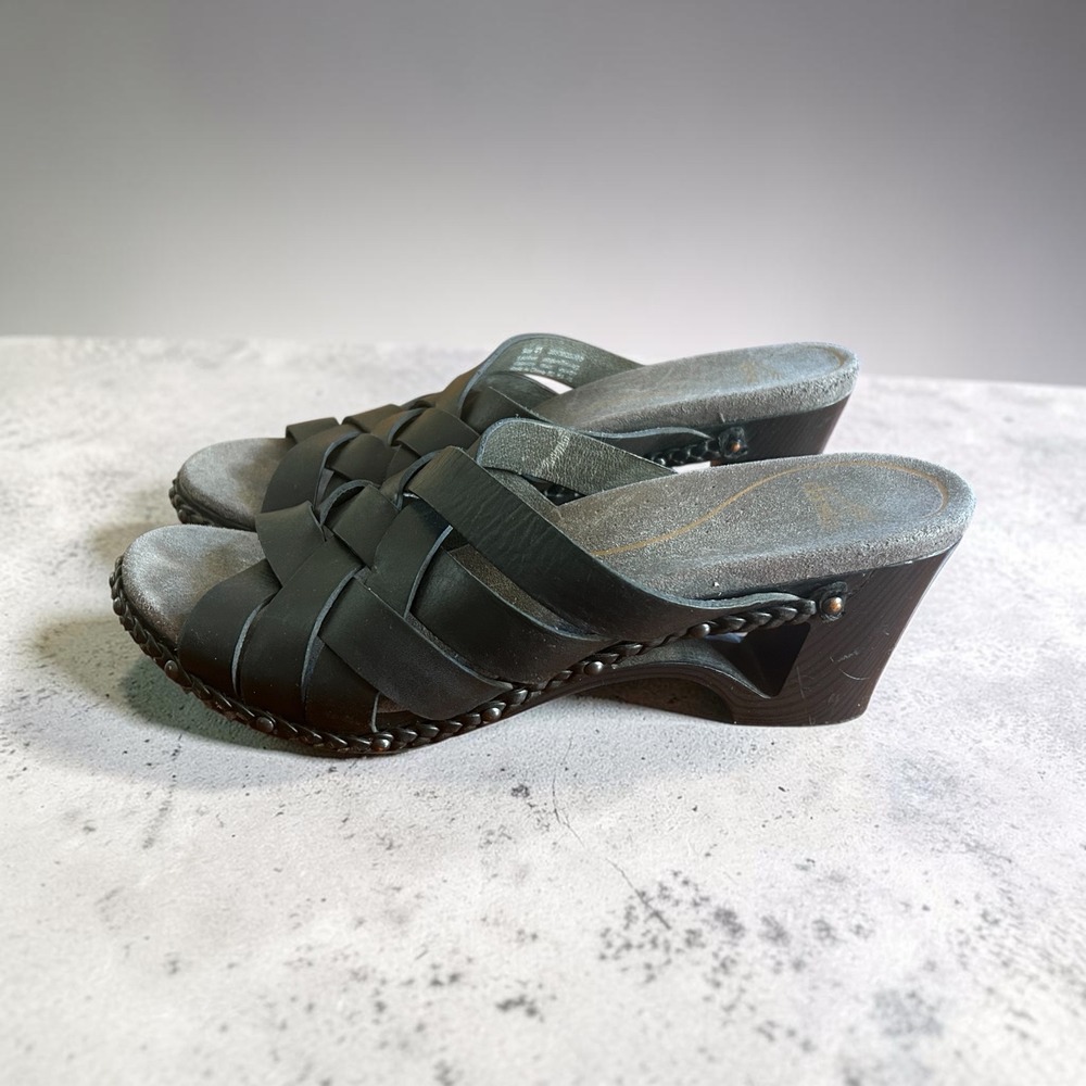 Dansko Black Leather Woven Strappy Wedge Slide Sandals Clogs Size 41 10.5-11